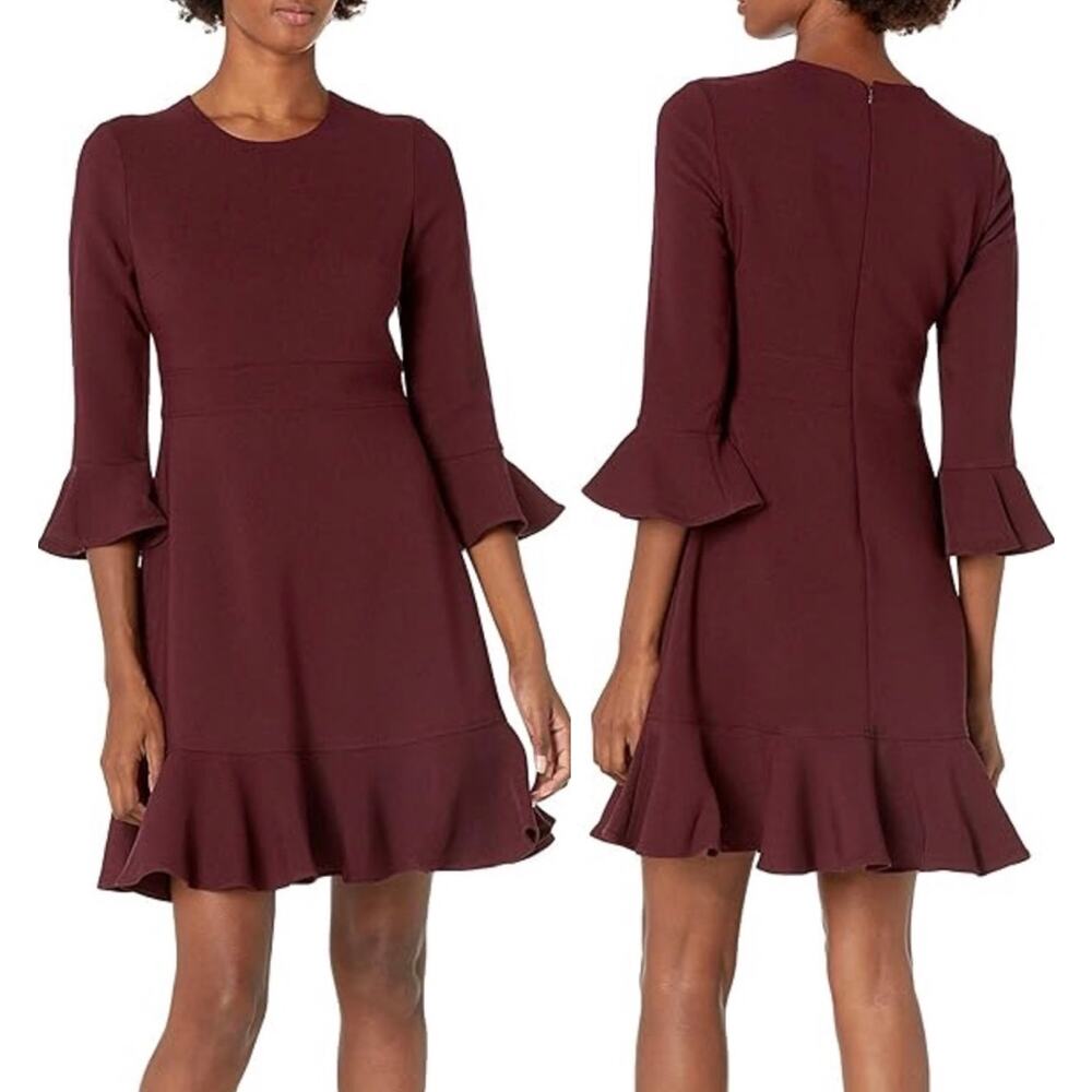 Eliza J Bell Sleeve Fit and Flare Dress In Wine Burgundy Size 16 New - Picture 1 of 12